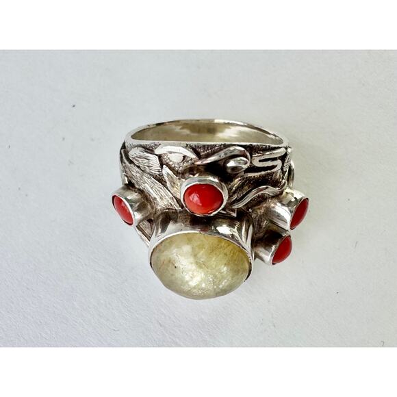 Red Coral Chatoyant Honey Yellow Calcite Hand Carved Sterling 925 Silver Ring - Picture 3 of 7